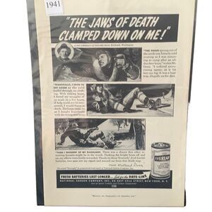 Vintage 1941 Eveready Battery The Jaws Of Death Clamped Down on Me Ad Advertisem